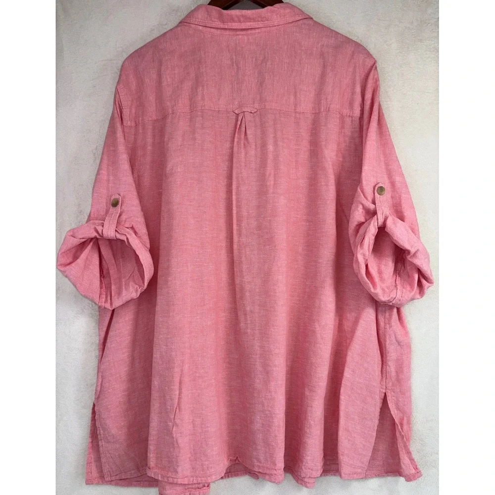 CATHERINES Linen Button Down Shirt Pink Long Sleeve Womens Pink‎ Cotton 3/4 3X
